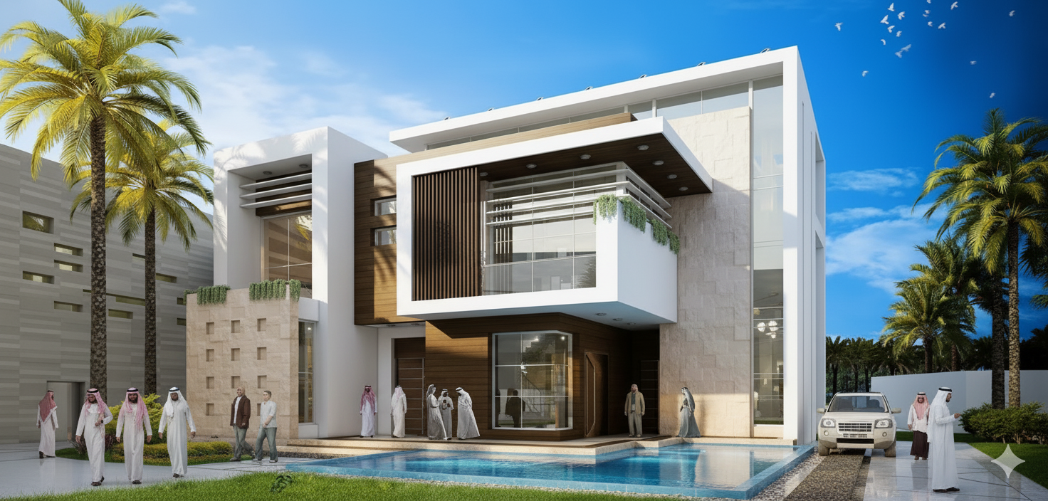 A modern villa with a pool.